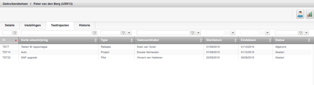 Scherm - Gebruikers - Tabblad Testtrajecten