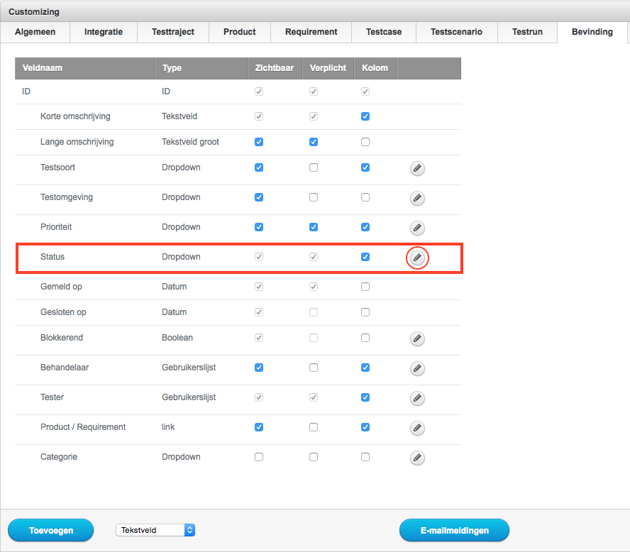 Customizing - Status bevinding aanpassen