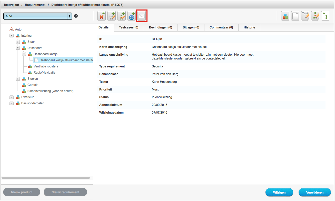 Scherm - Requirement in tree - actieknop mailen